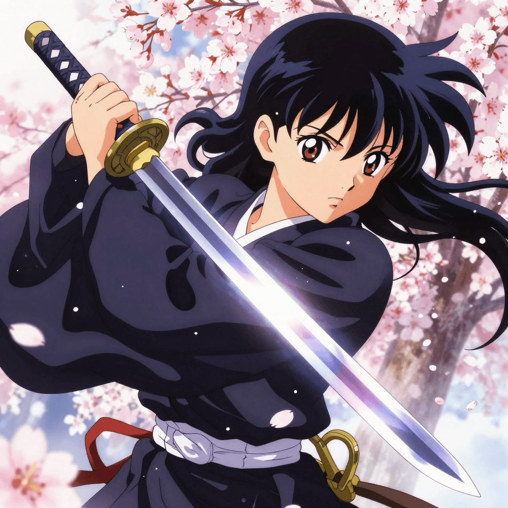 Anime style illustration of a beautiful female warrior wielding a glowing katana. Dynamic action pose, cherry blossoms falling, intense gaze. Makoto Shinkai visual style, high quality, 4k, vibrant colors, detailed background, cell shading, highly detailed eyes.