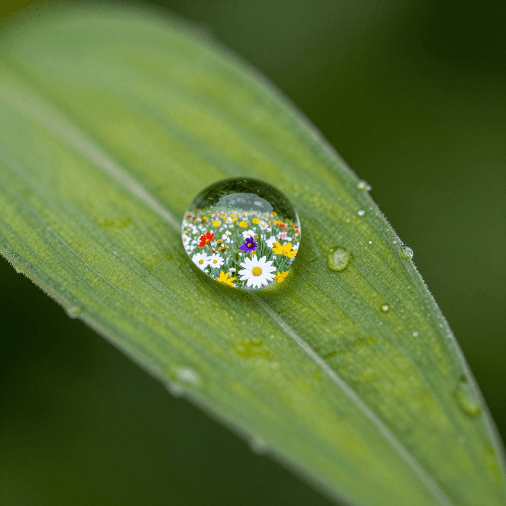 Macro photography of a single morning dew drop on a fresh green leaf, reflecting a field of colorful flowers. Sharp focus, extreme detail, shallow depth of field, natural sunlight, crisp textures, National Geographic style, 8k resolution.