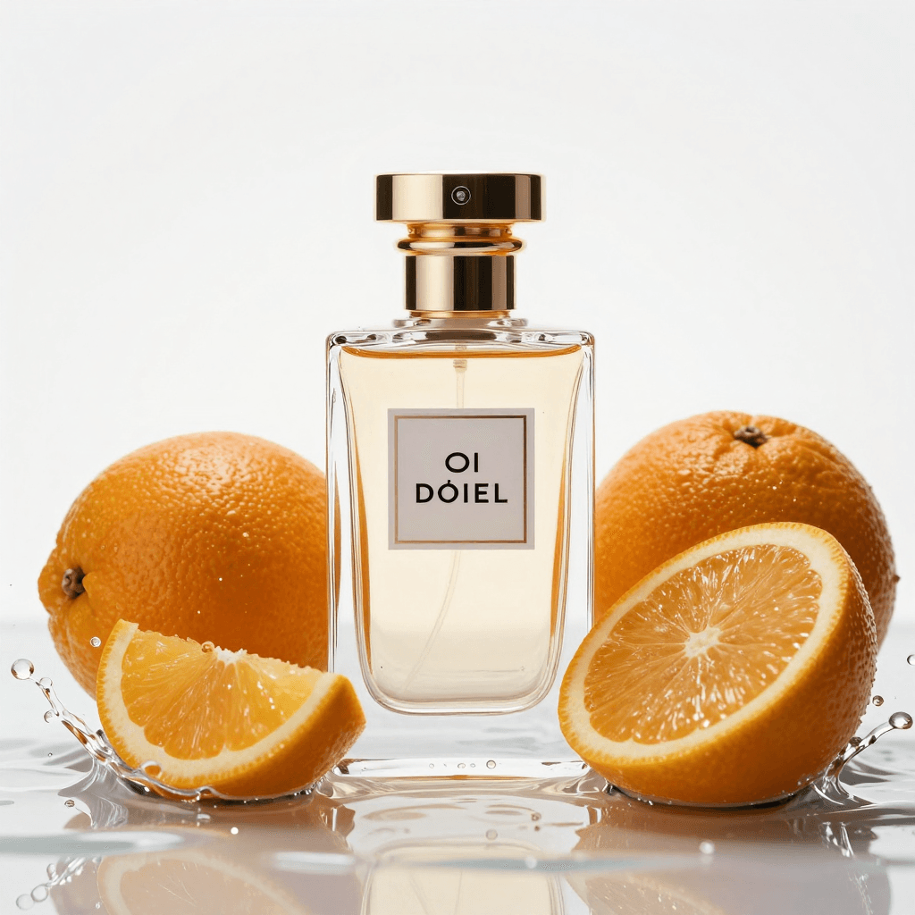 Commercial product photography of an elegant perfume bottle surrounded by fresh citrus fruits and splashing water. High-speed photography, studio lighting, crisp details, advertising quality, professional color grading, elegant and fresh, 8k.