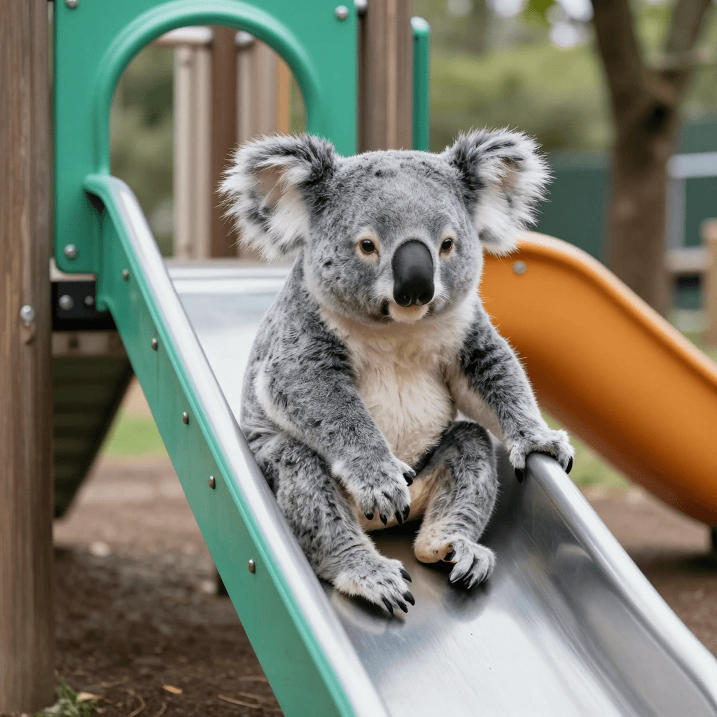 놀이터에서 미끄럼틀 타는 코알라
