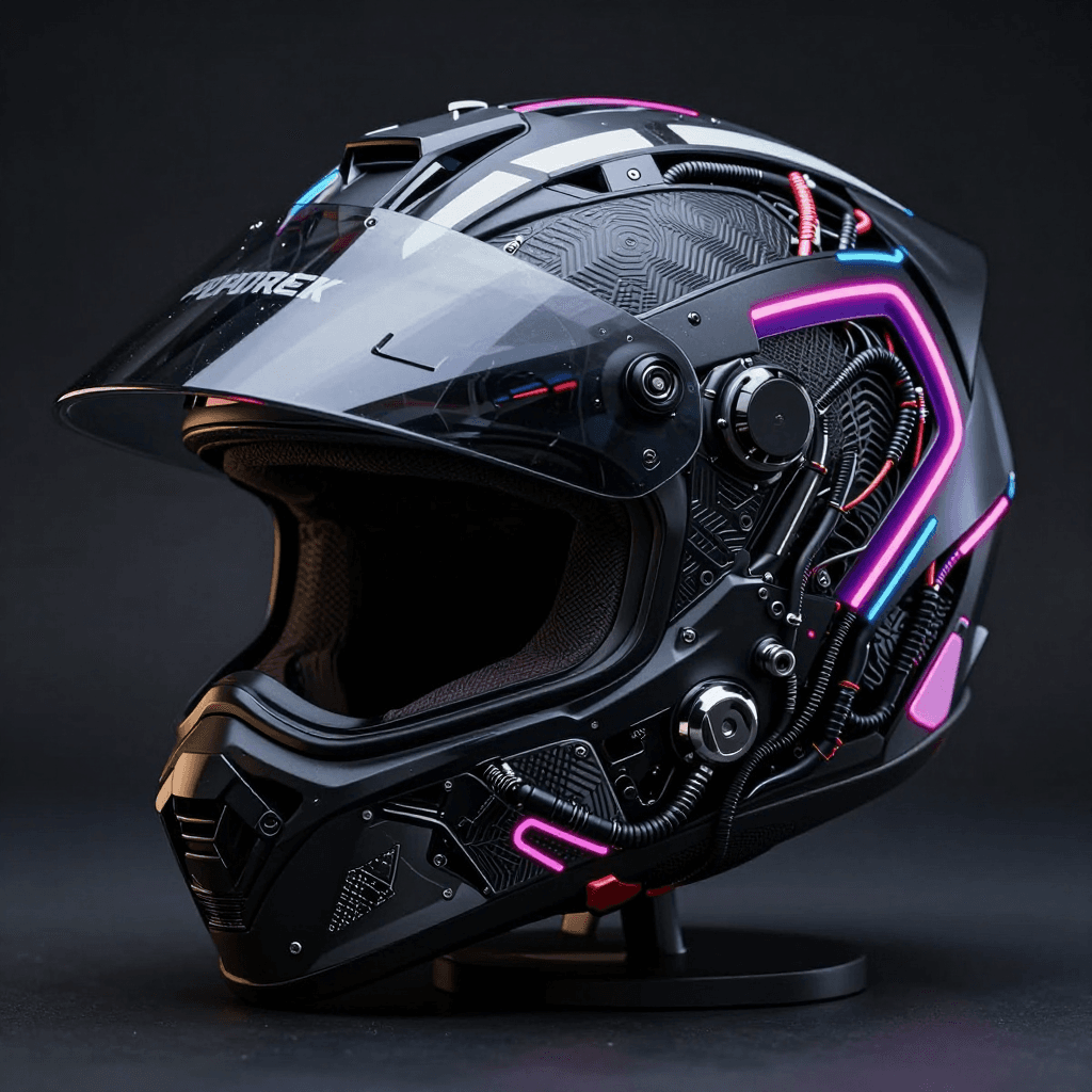 복잡한 전선이 연결된 사이버펑크 오토바이 헬멧