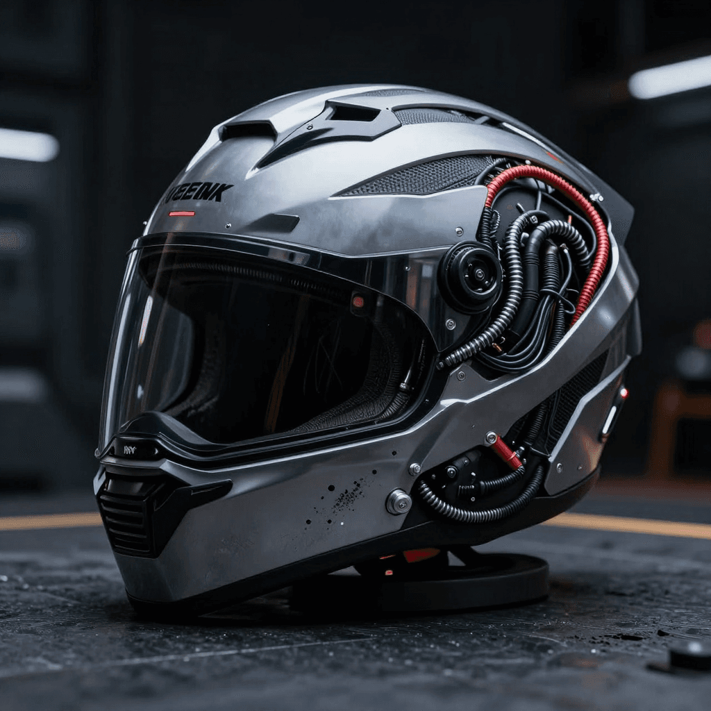 복잡한 전선이 연결된 사이버펑크 오토바이 헬멧