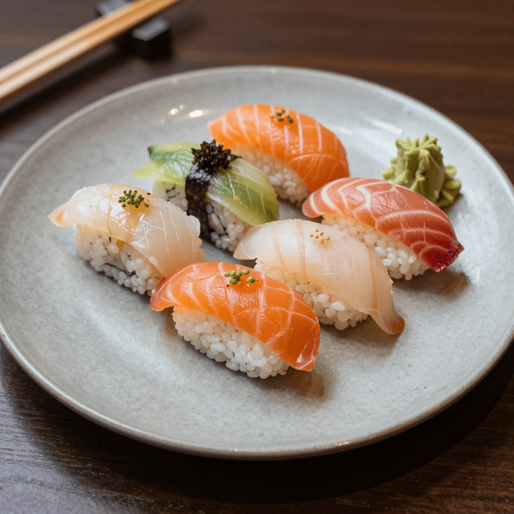 고급스러운 접시에 담긴 형형색색의 초밥 세트