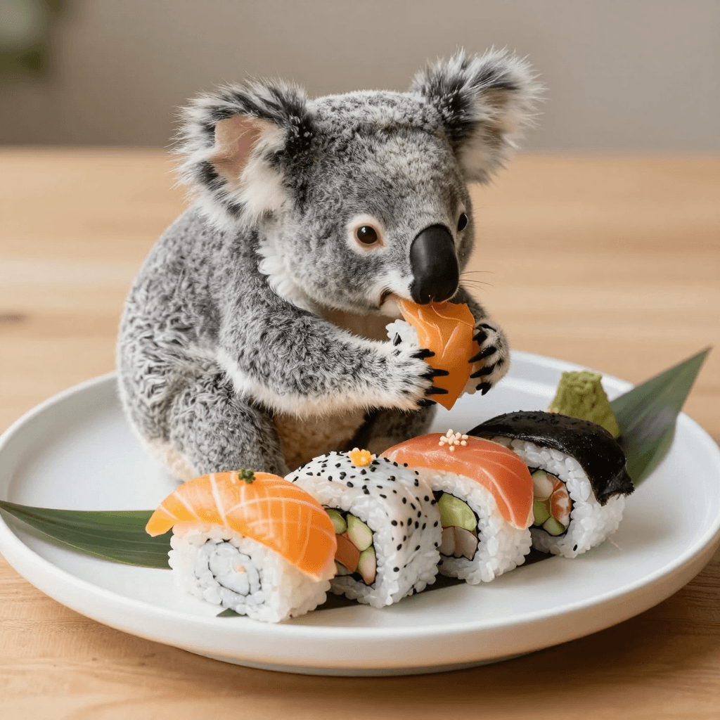고급스러운 접시에 담긴 형형색색의 초밥 세트를 먹는 코알라