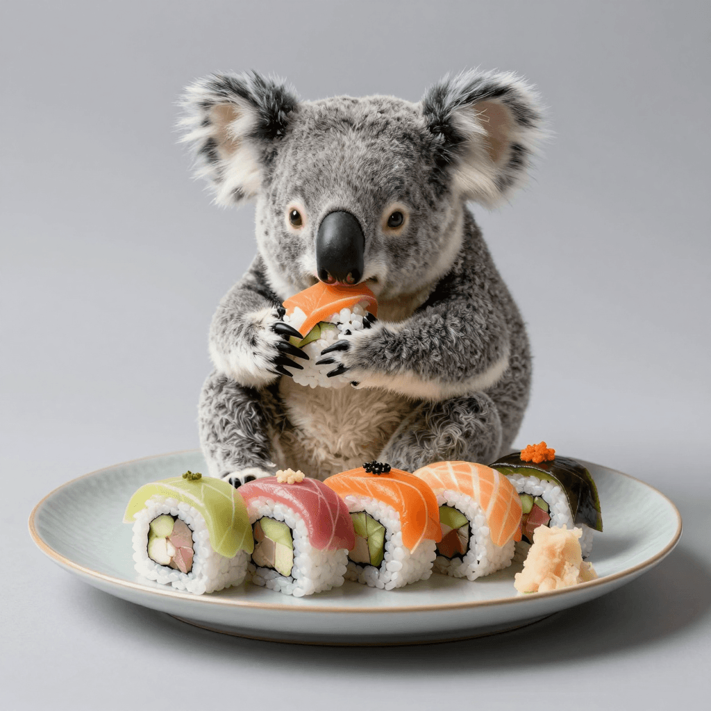 고급스러운 접시에 담긴 형형색색의 초밥 세트를 먹는 코알라