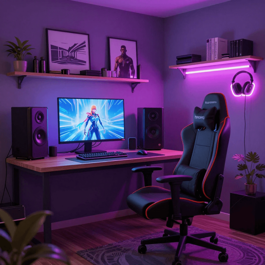 네온 조명이 켜진 아늑한 게이머의 방 (3D)