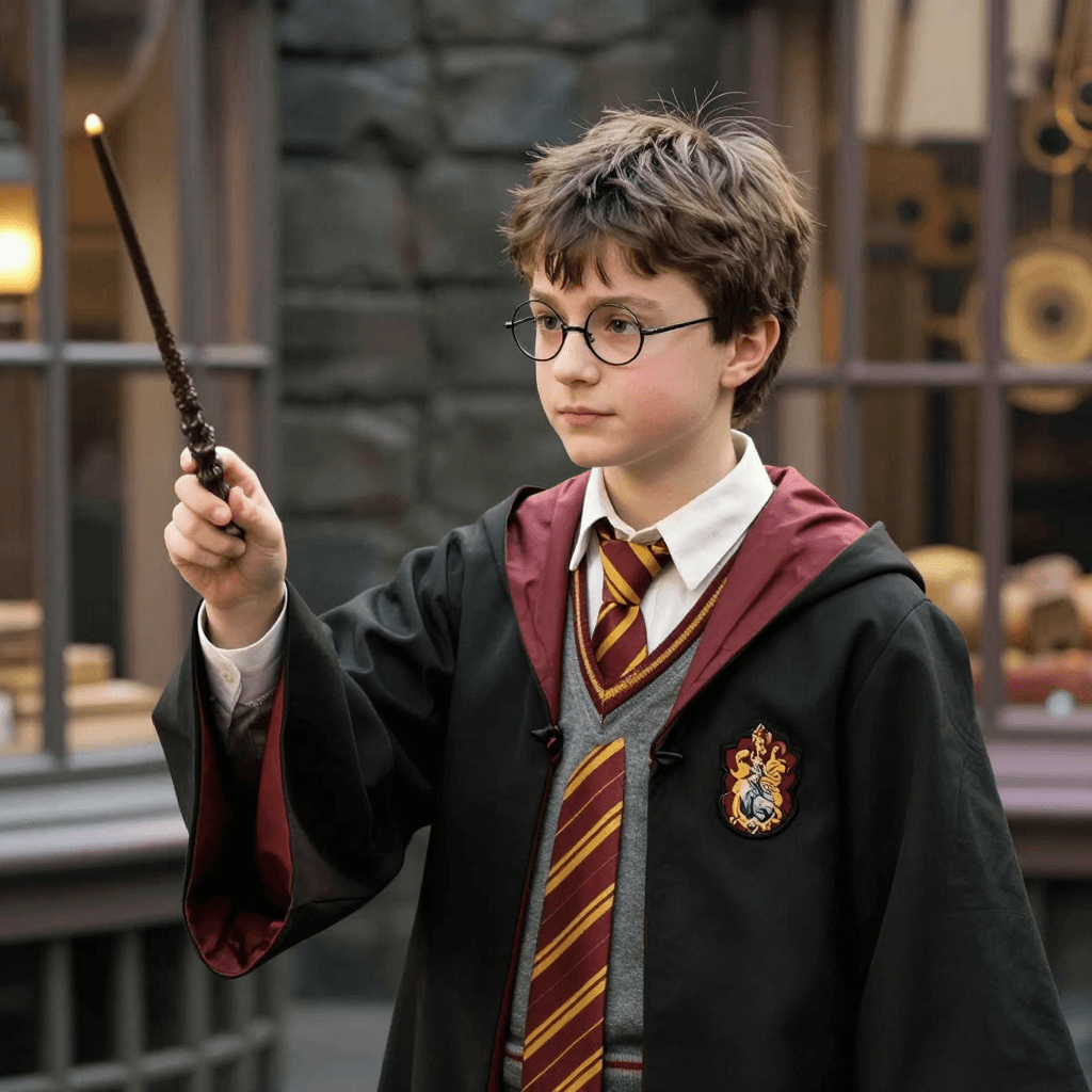 마법의 지팡이를 들고 주문을 외우는 해리포터 스타일 소년
