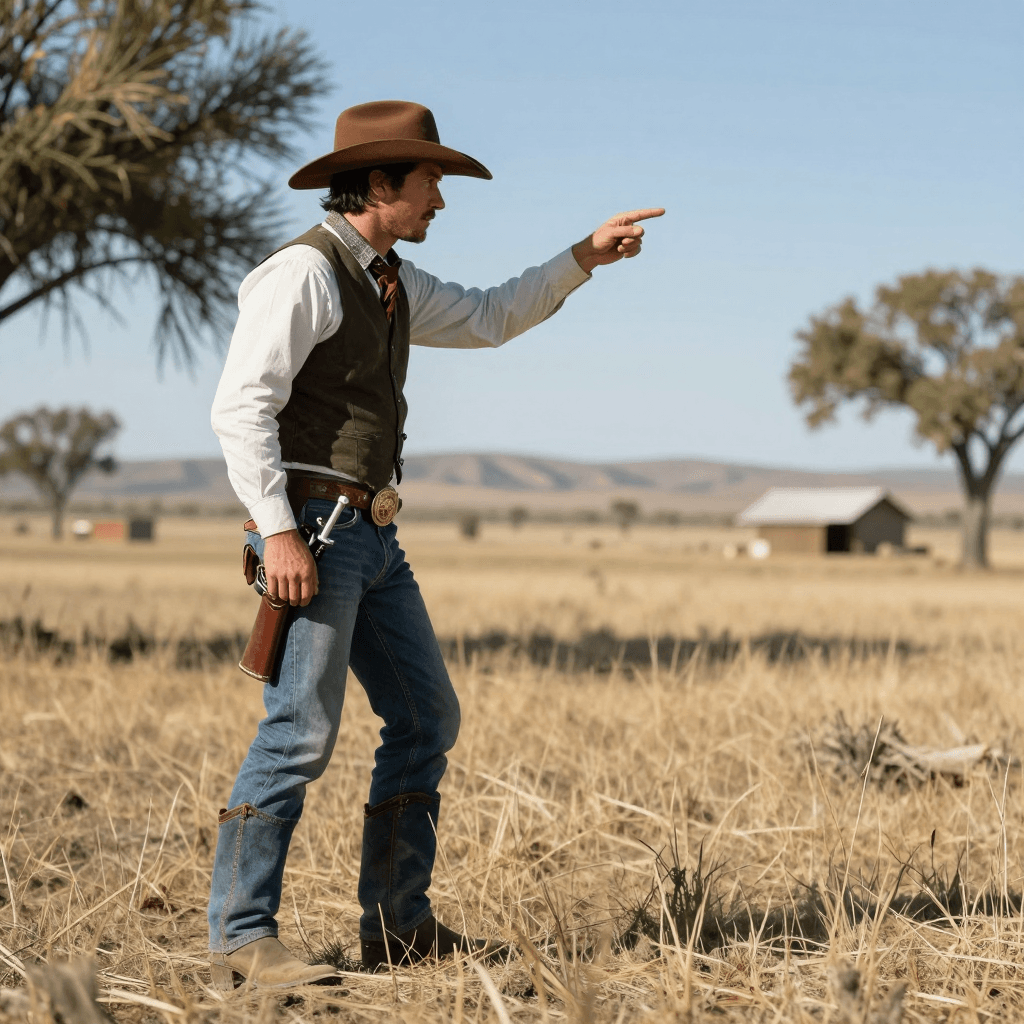 황야에서 결투를 준비하는 서부 카우보이