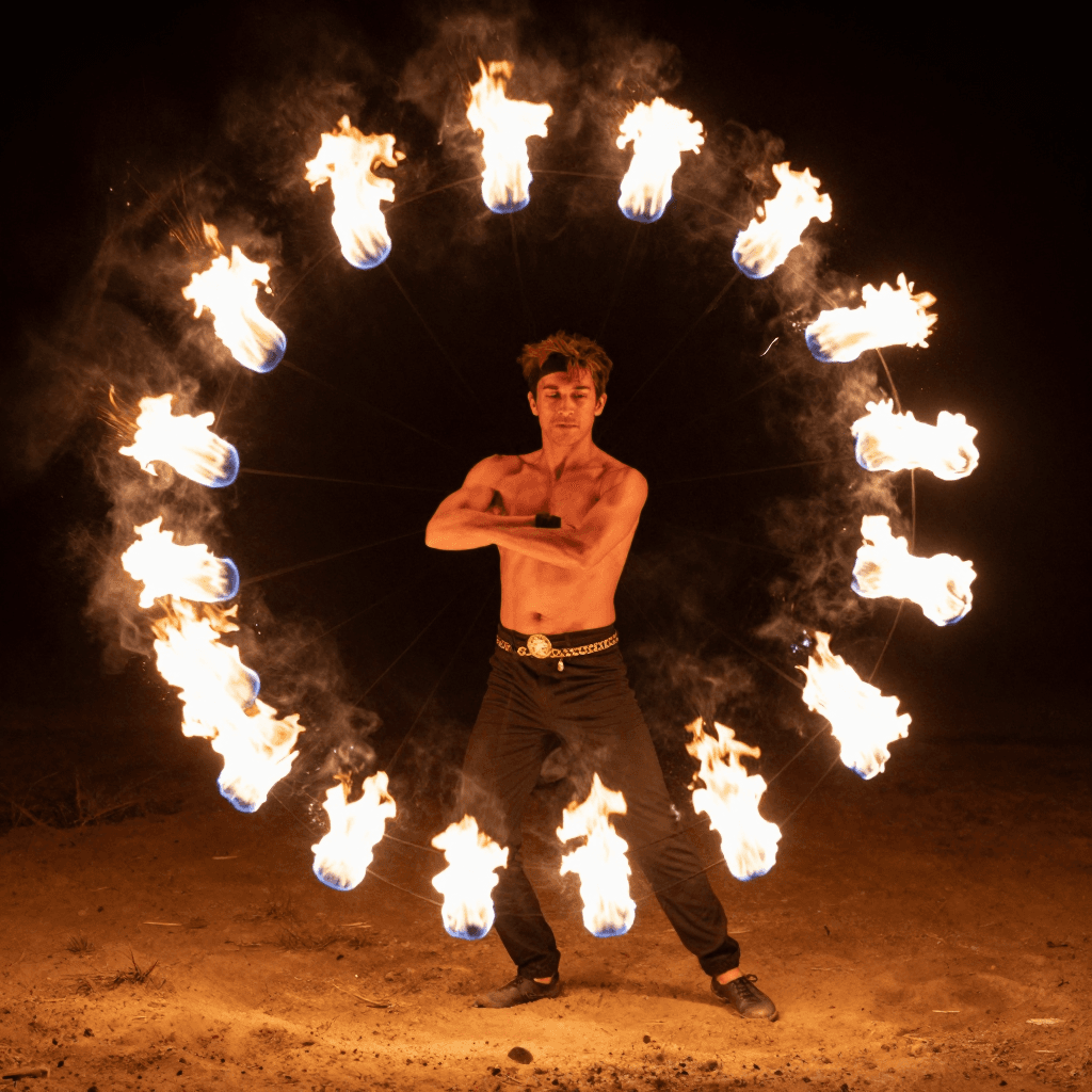 장노출로 촬영한 파이어 댄서의 불꽃 궤적