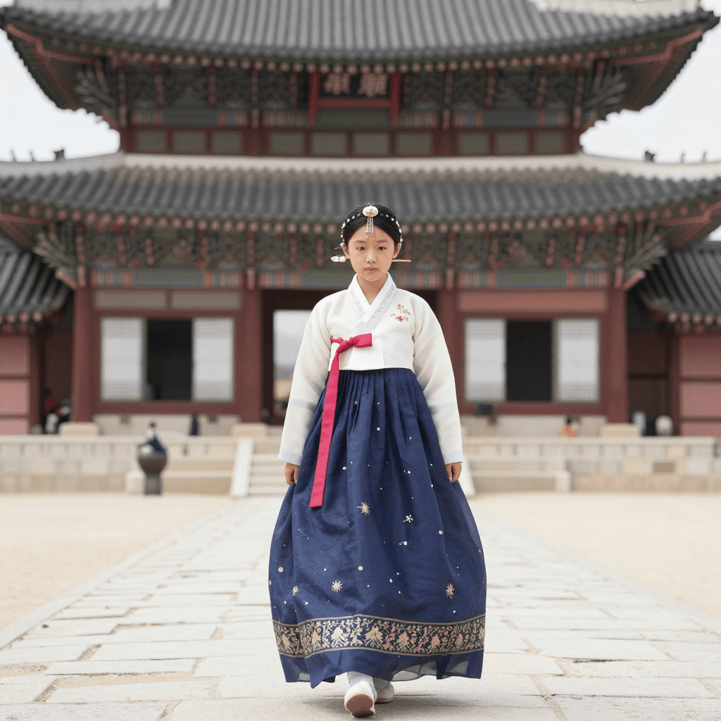 고운 한복을 입고 경복궁을 거니는 소녀