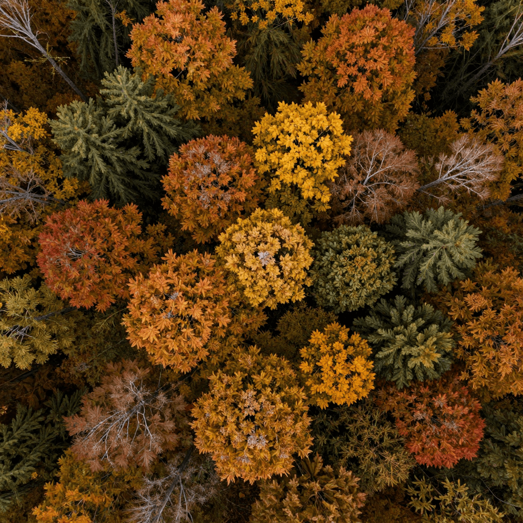 드론으로 촬영한 가을 단풍 숲의 항공 뷰