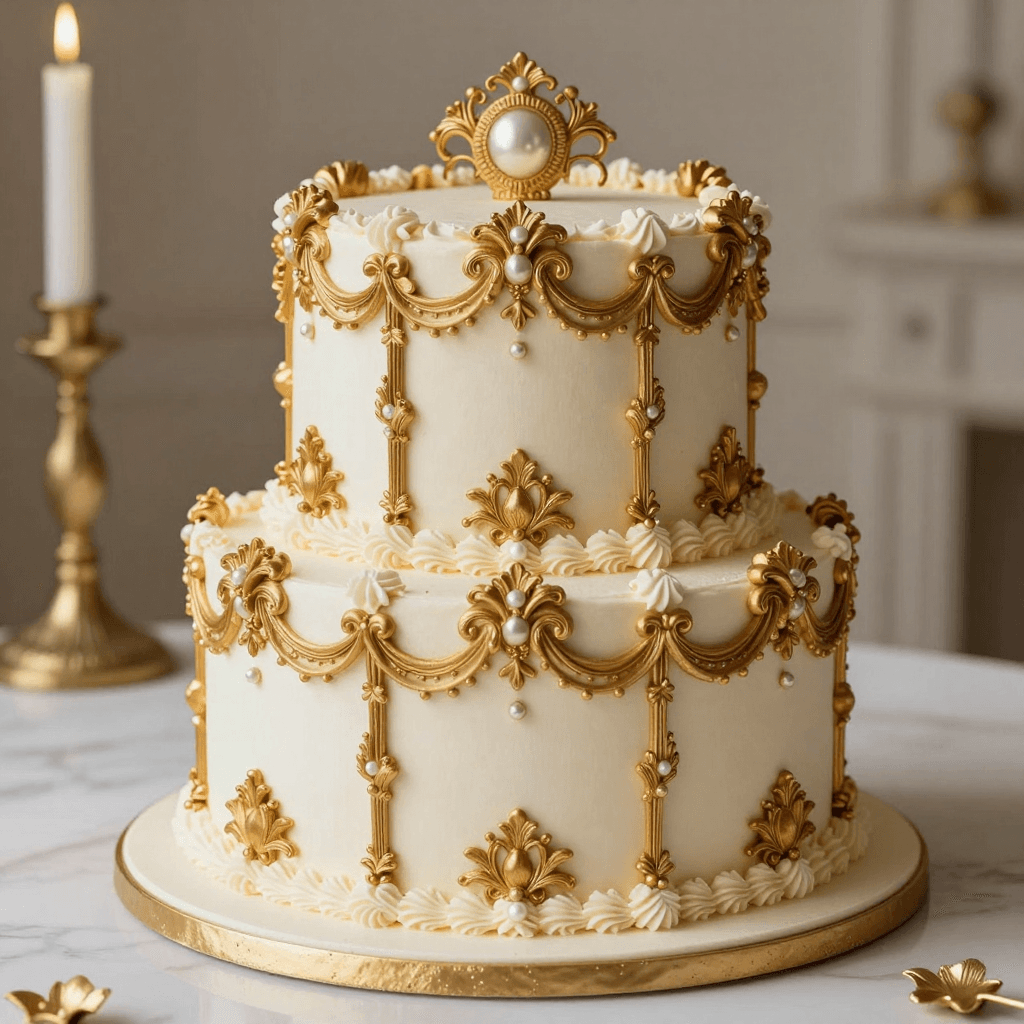 금박 장식이 올라간 화려한 로코코 스타일 케이크