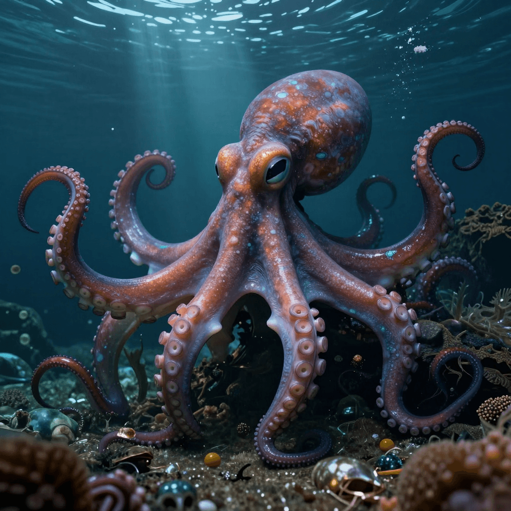 심해의 보물을 지키고 있는 거대한 문어 괴물