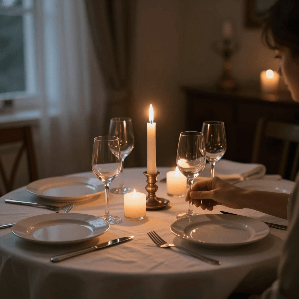 촛불이 켜진 로맨틱한 저녁 식사 테이블