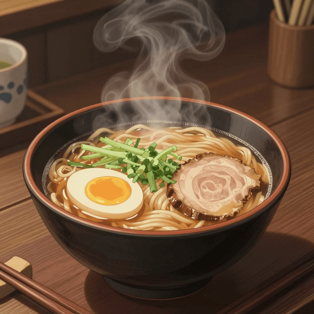 김이 모락모락 나는 지브리 스타일의 라멘