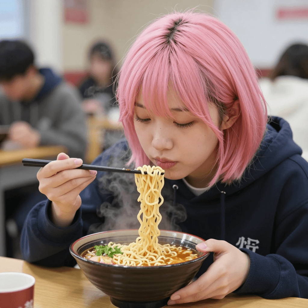 김이 모락모락 나는 실사 스타일의 라멘을 먹는 핑크 머리 대학생