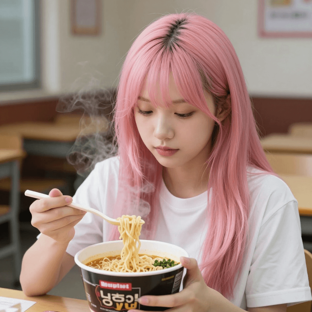 흰색 티셔츠를 입고 김이 모락모락 나는 실사 스타일의 라멘을 먹는 핑크 머리 대학생