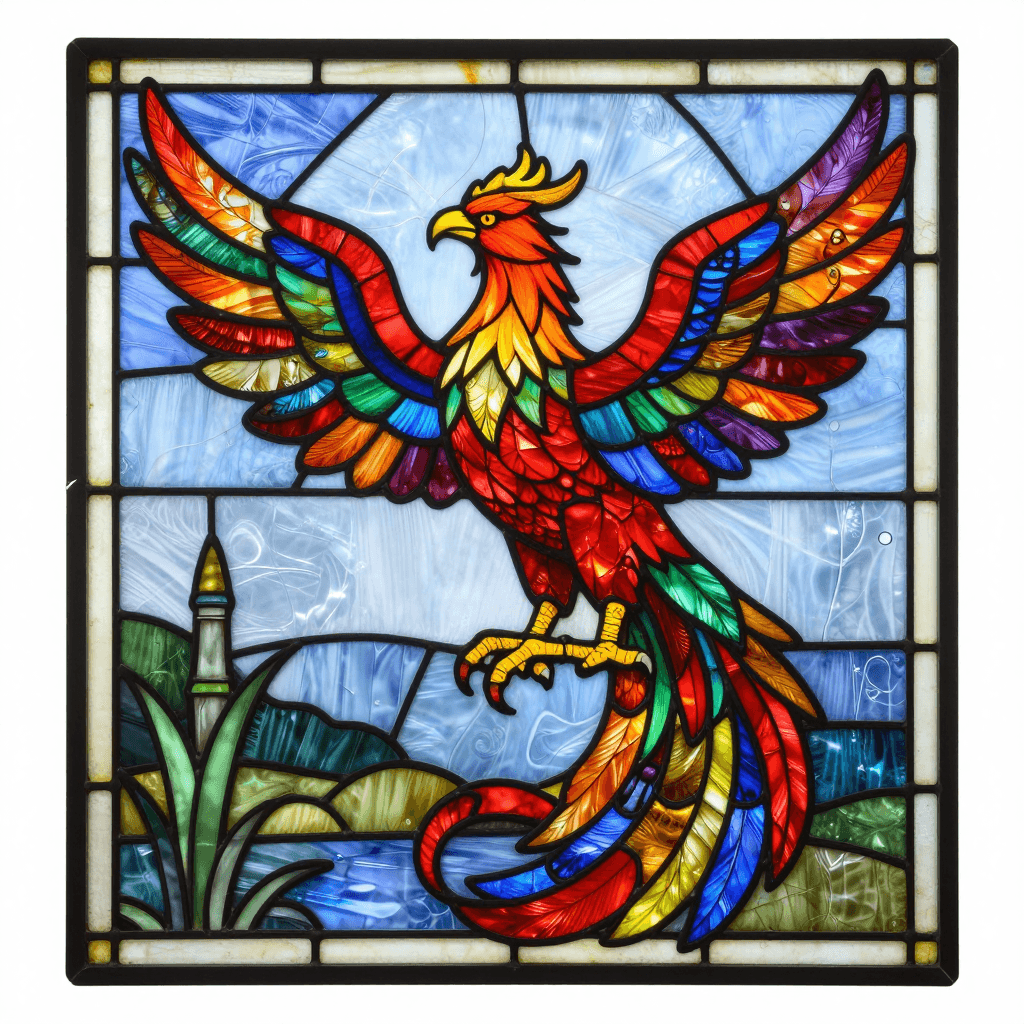 불사조가 그려진 화려한 스테인드글라스