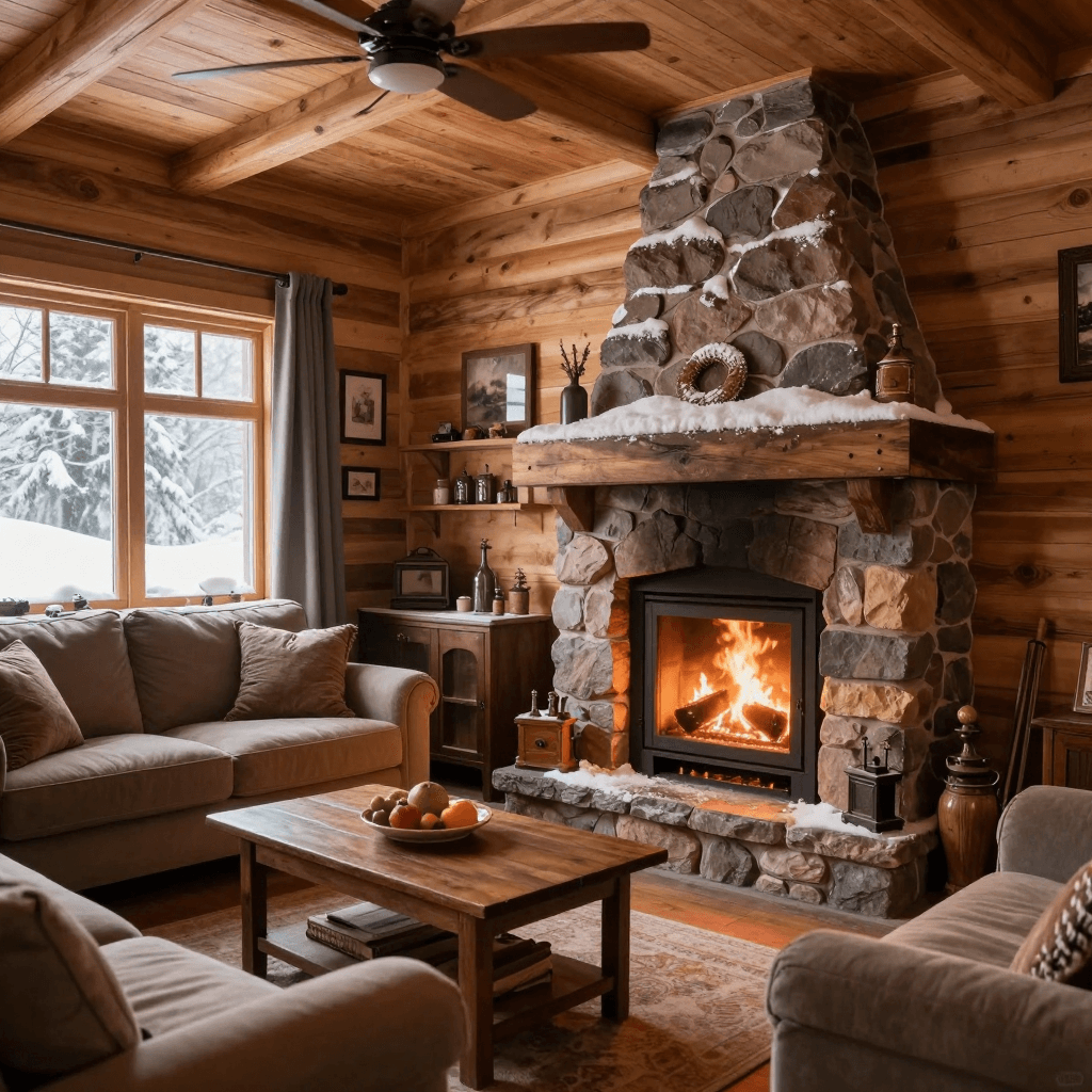 눈 덮인 산장과 따뜻한 벽난로가 있는 아늑한 거실