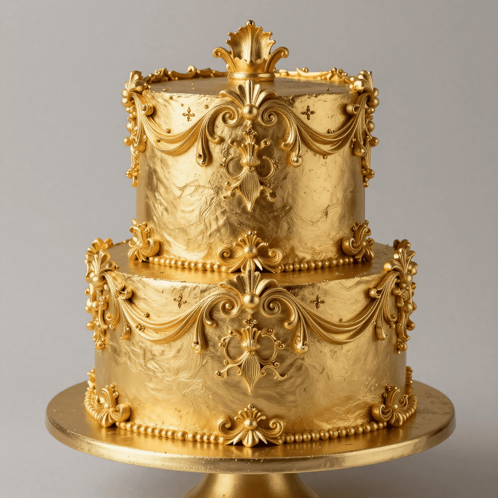 금박 장식이 올라간 화려한 로코코 스타일 케이크