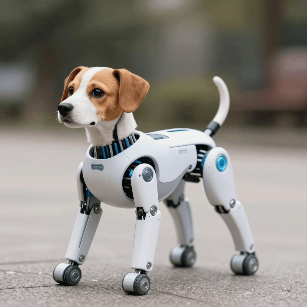 진짜 강아지를 산책시키는 로봇 강아지