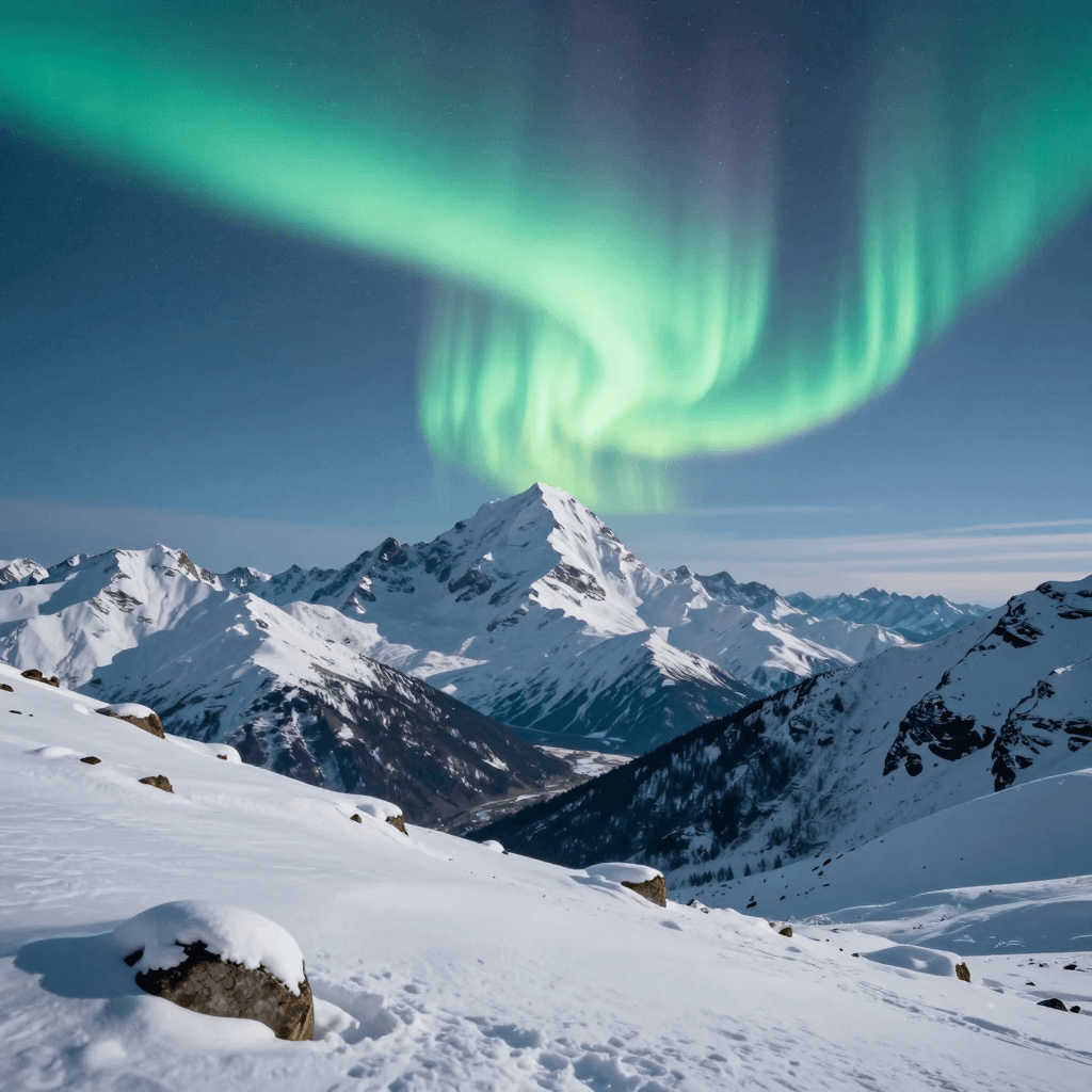 눈 덮인 산봉우리 위로 펼쳐진 환상적인 오로라