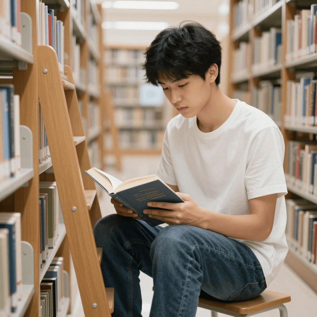 도서관 사다리에 앉아 책을 읽는 학생