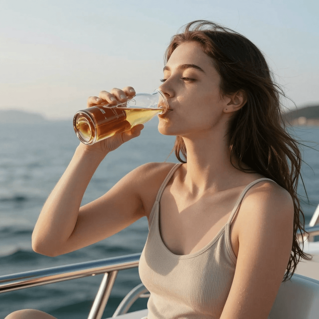 보트에서 술을 마시는 소녀