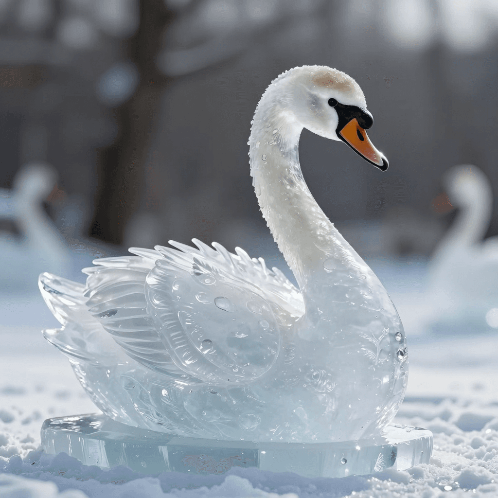 투명하고 정교하게 조각된 백조 얼음 조각상