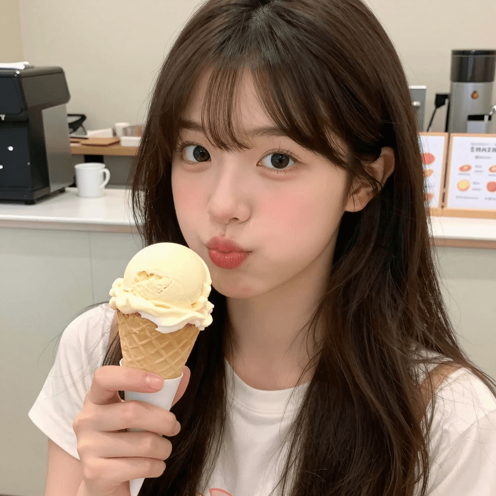 메론 아이스크림을 먹는 소녀