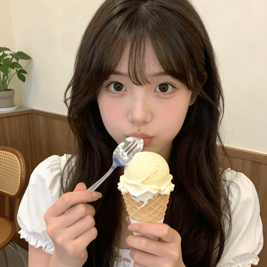 메론 아이스크림을 먹는 소녀