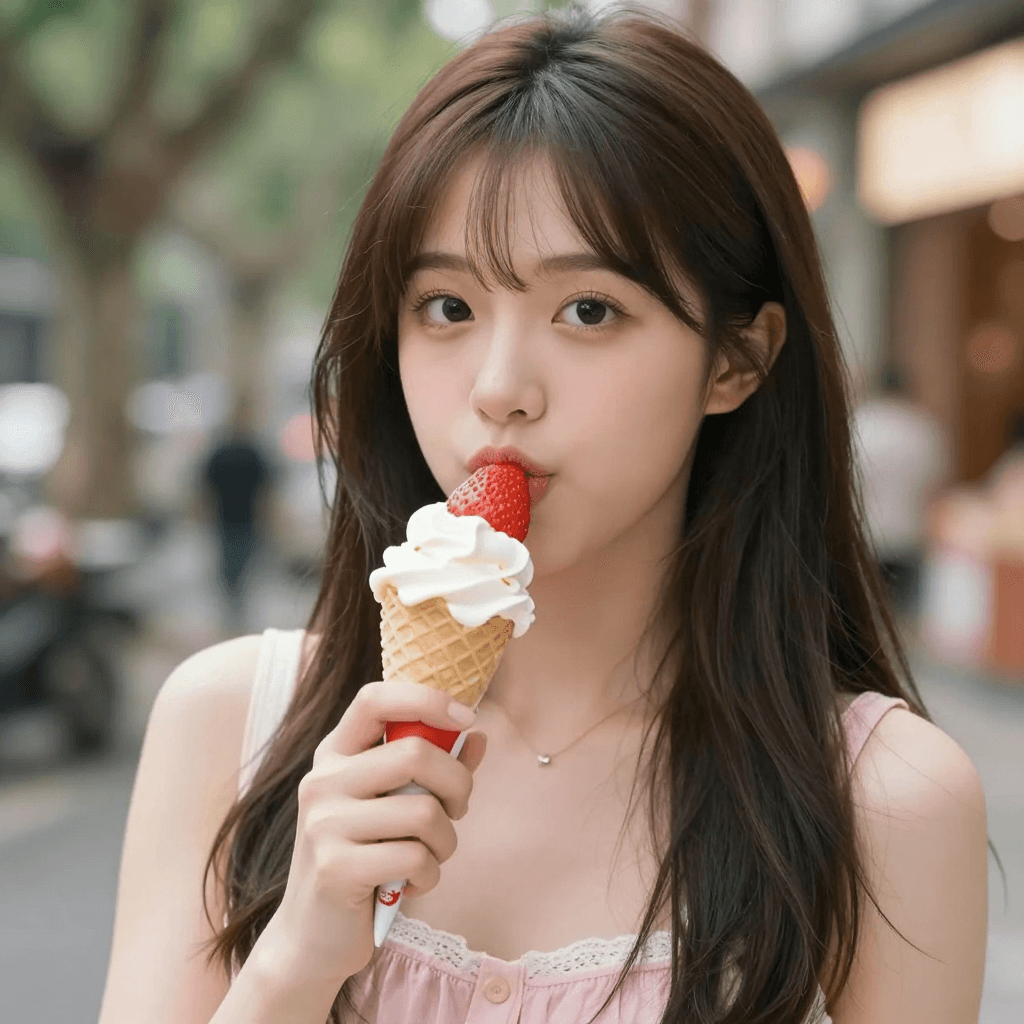 딸기 아이스크림을 먹는 소녀