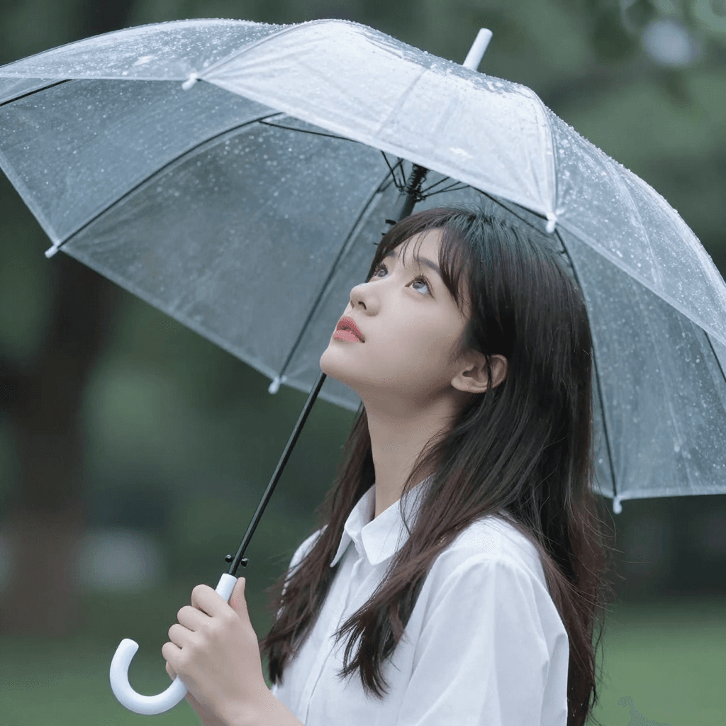 투명 우산을 쓰고 하늘을 보는 소녀