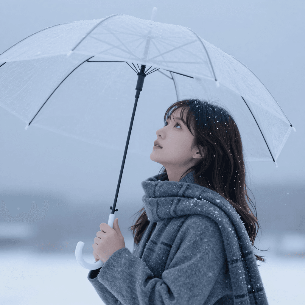 투명 우산을 쓰고 눈내리는 하늘을 보는 소녀