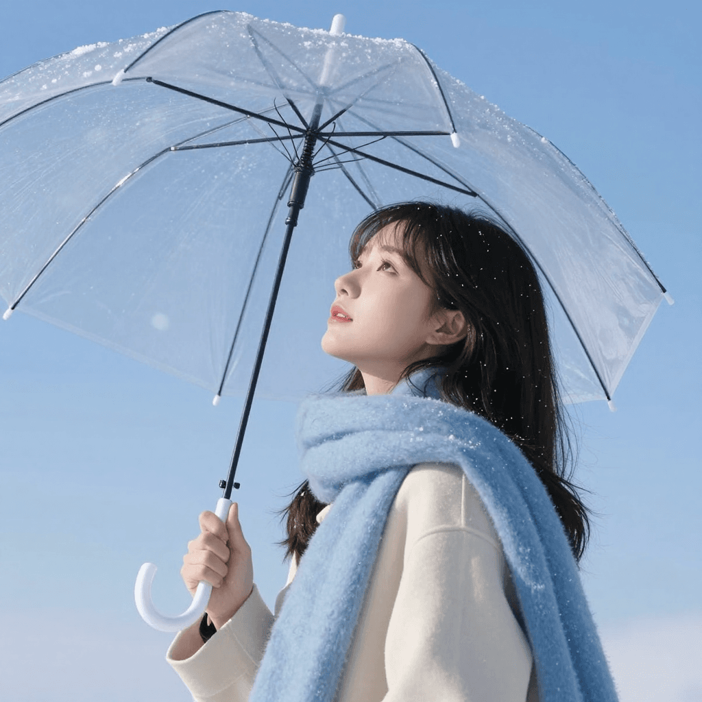 투명 우산을 쓰고 눈내리는 하늘을 보는 소녀