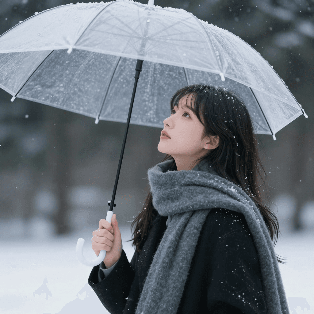 투명 우산을 쓰고 눈내리는 하늘을 보는 소녀