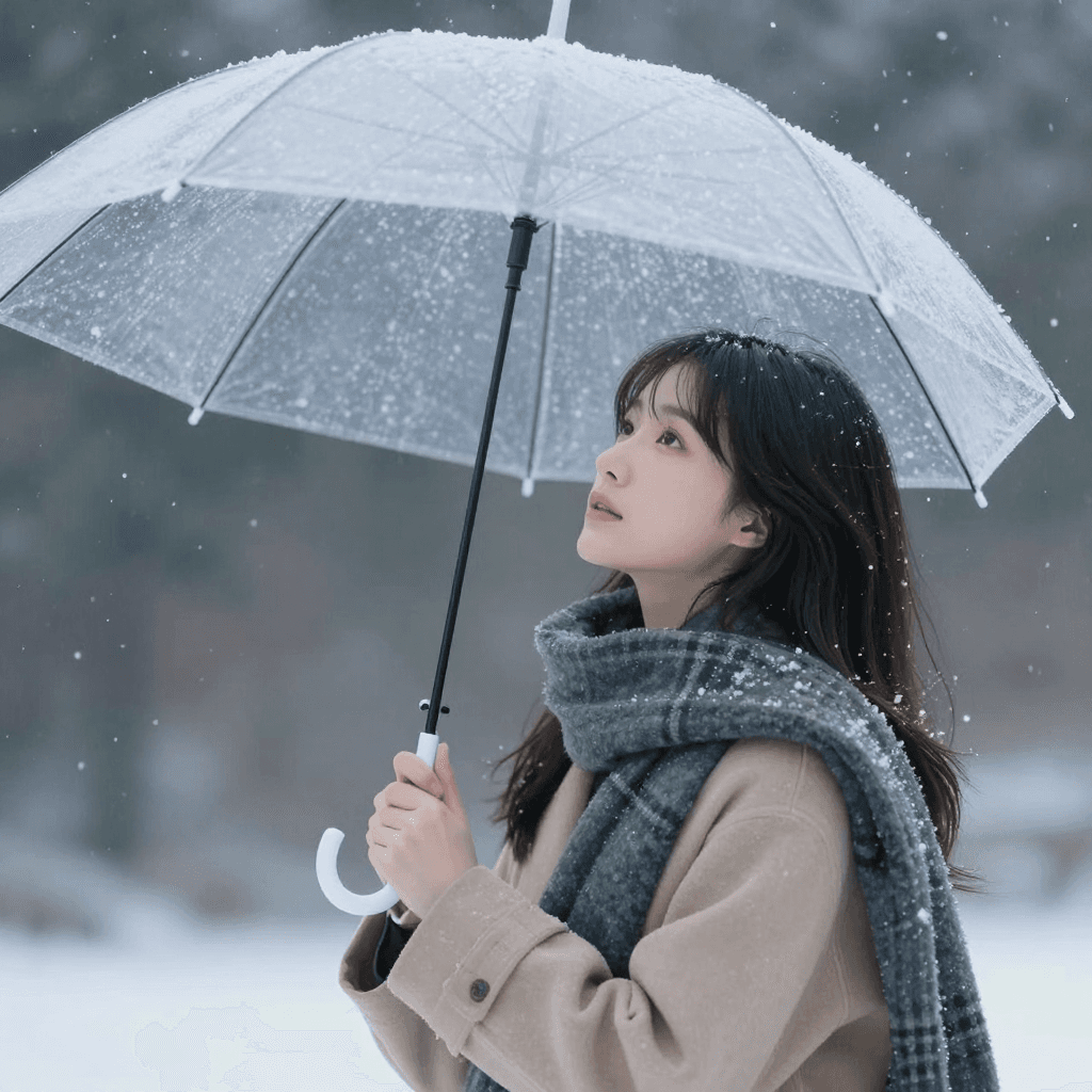 투명 우산을 쓰고 눈내리는 하늘을 보는 소녀