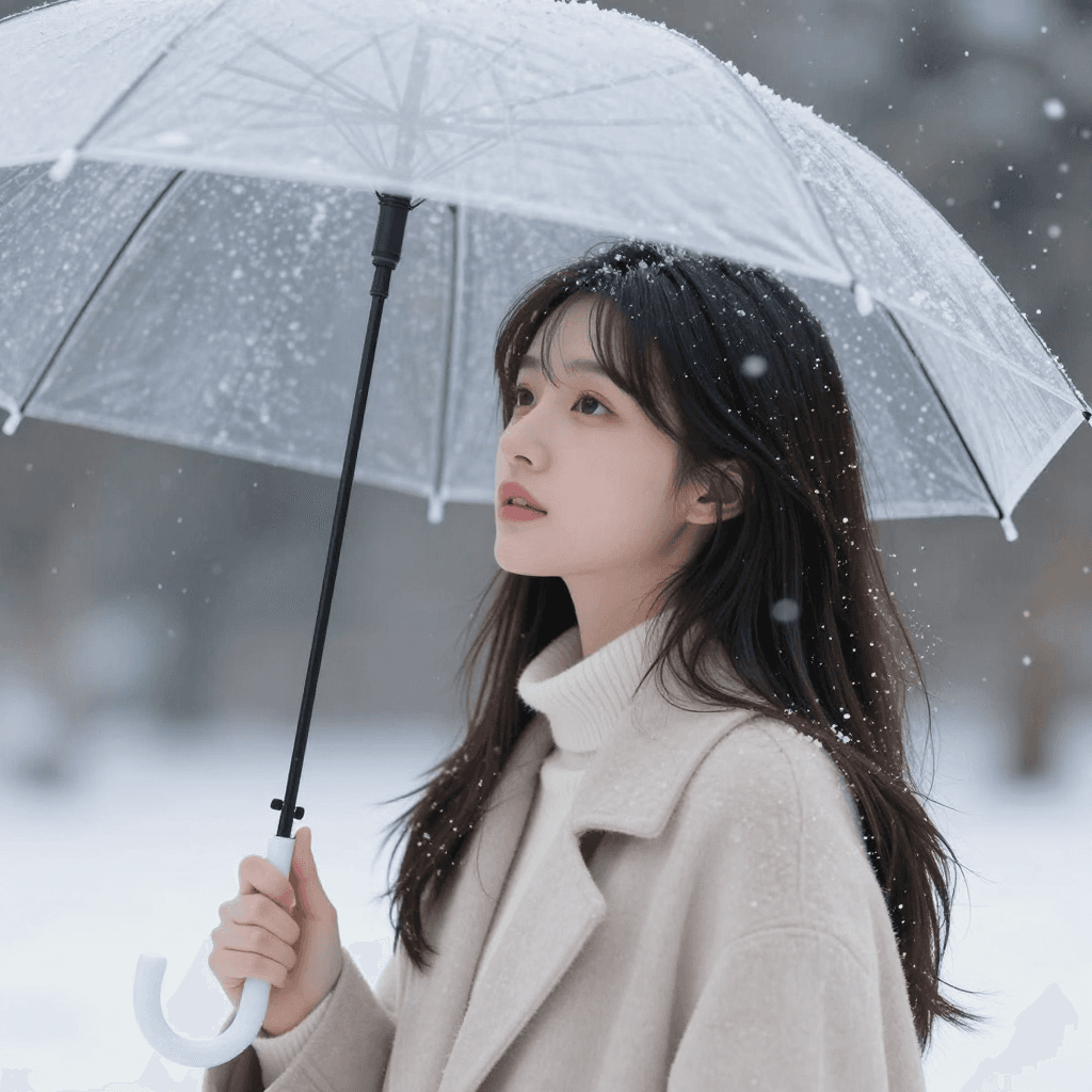 투명 우산을 쓰고 눈내리는 하늘을 보는 소녀