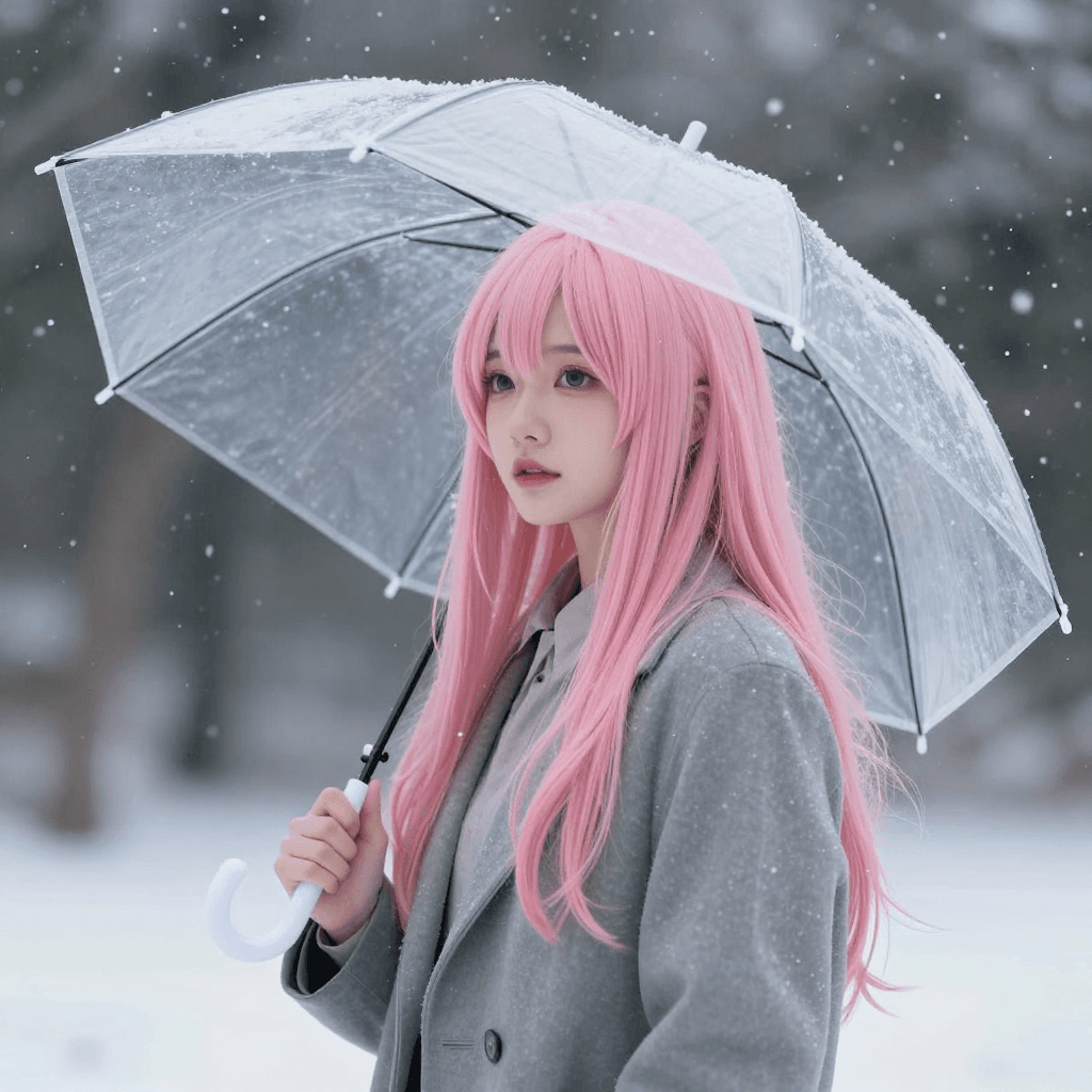 투명 우산을 쓰고 눈내리는 하늘을 보는 핑크 머리 소녀