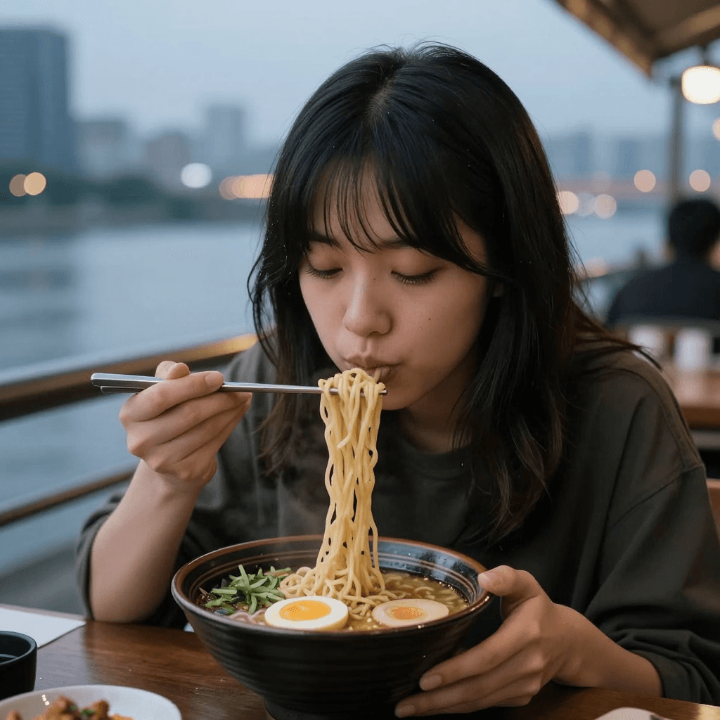 한강에서 라면을 먹는 소녀