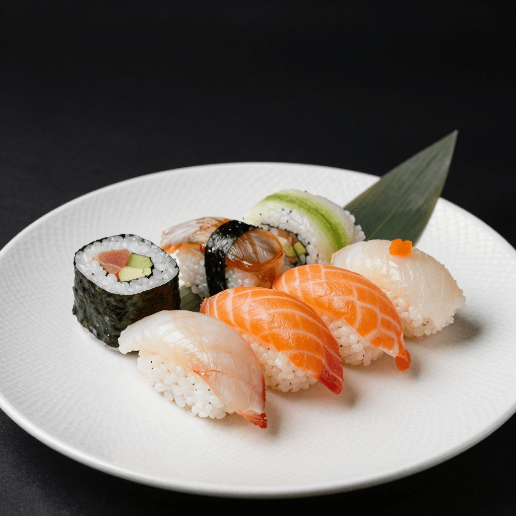 고급스러운 접시에 담긴 형형색색의 초밥 세트
