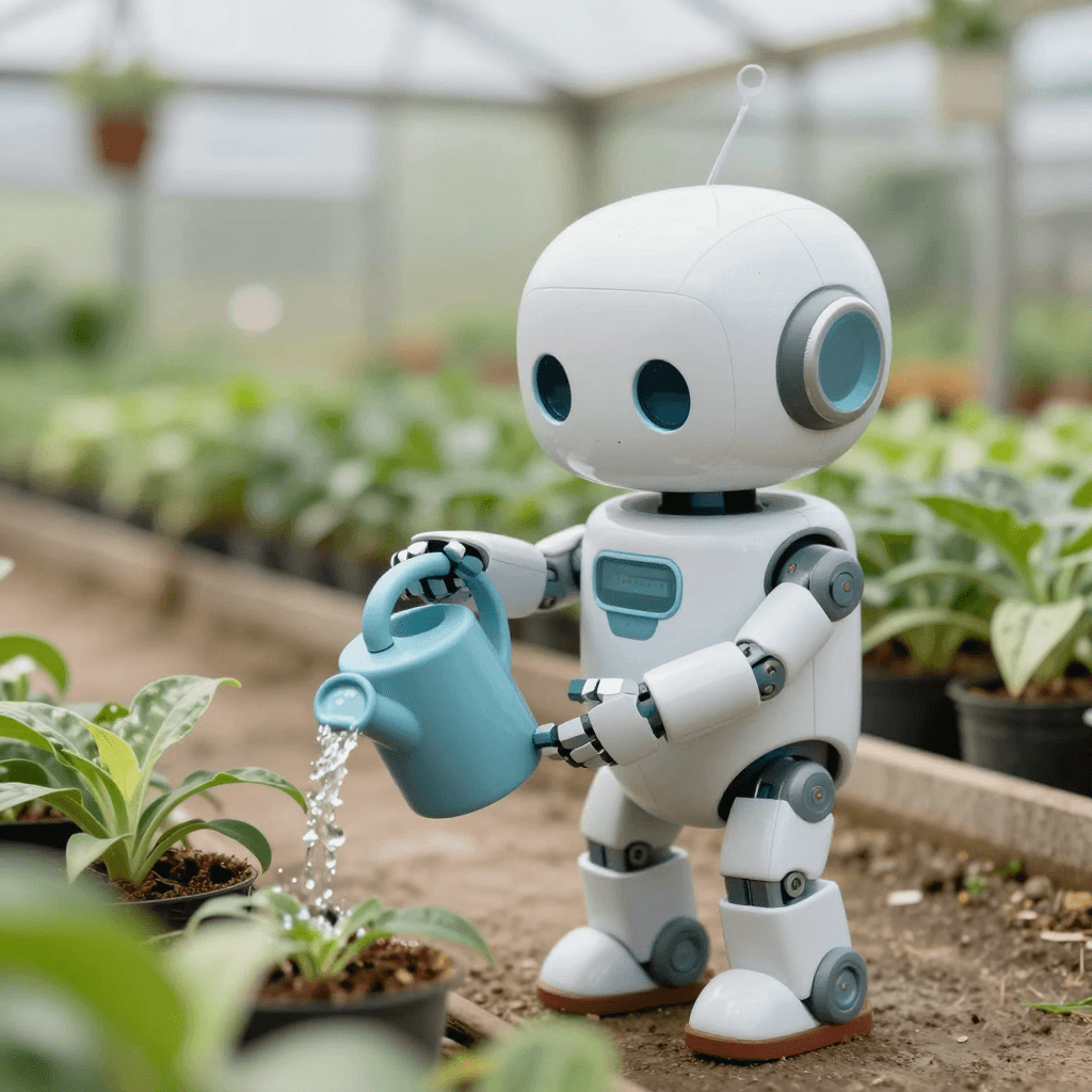 온실에서 화분에 물을 주는 귀여운 로봇