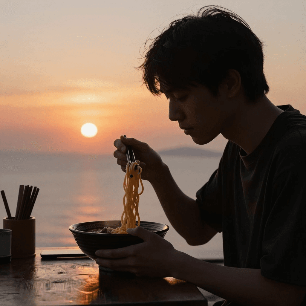 석양을 등지고 라면을 먹는 사람