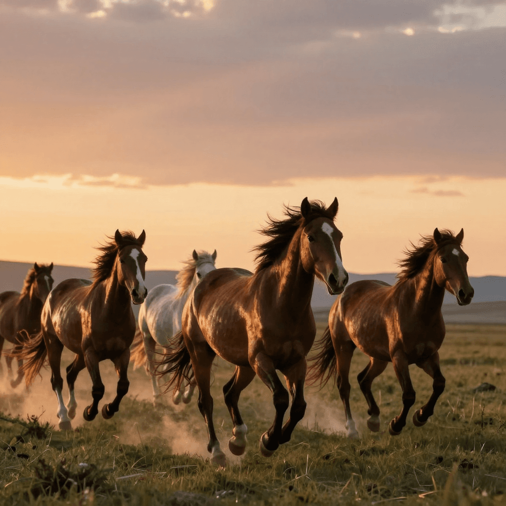 석양을 등지고 달리는 야생 말 무리