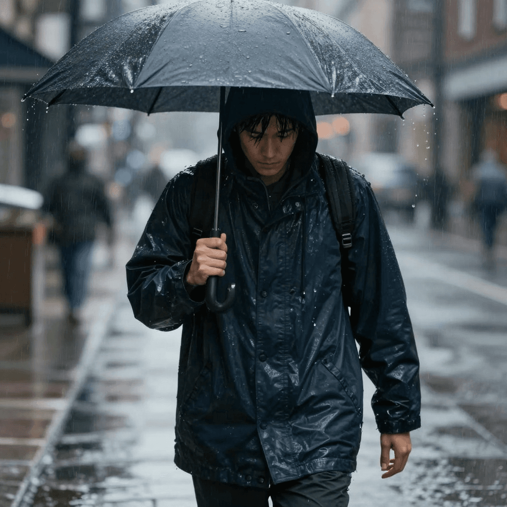 우비를 입고 비를 맞는 사람