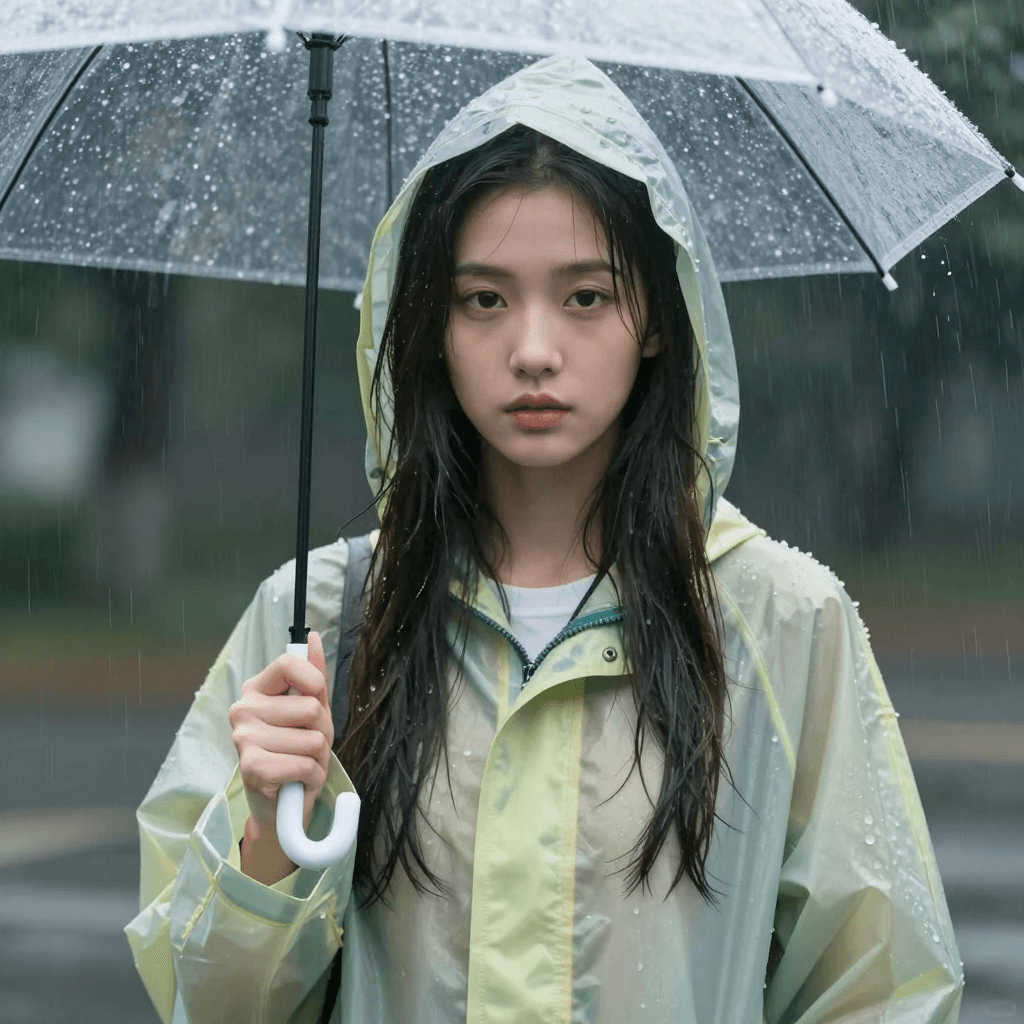 우비를 입고 비를 맞는 소녀