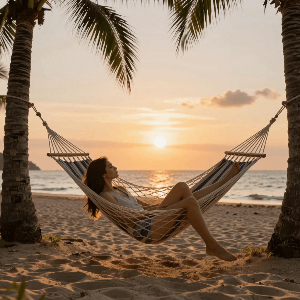 노을 지는 해변가 야자수 아래의 해먹