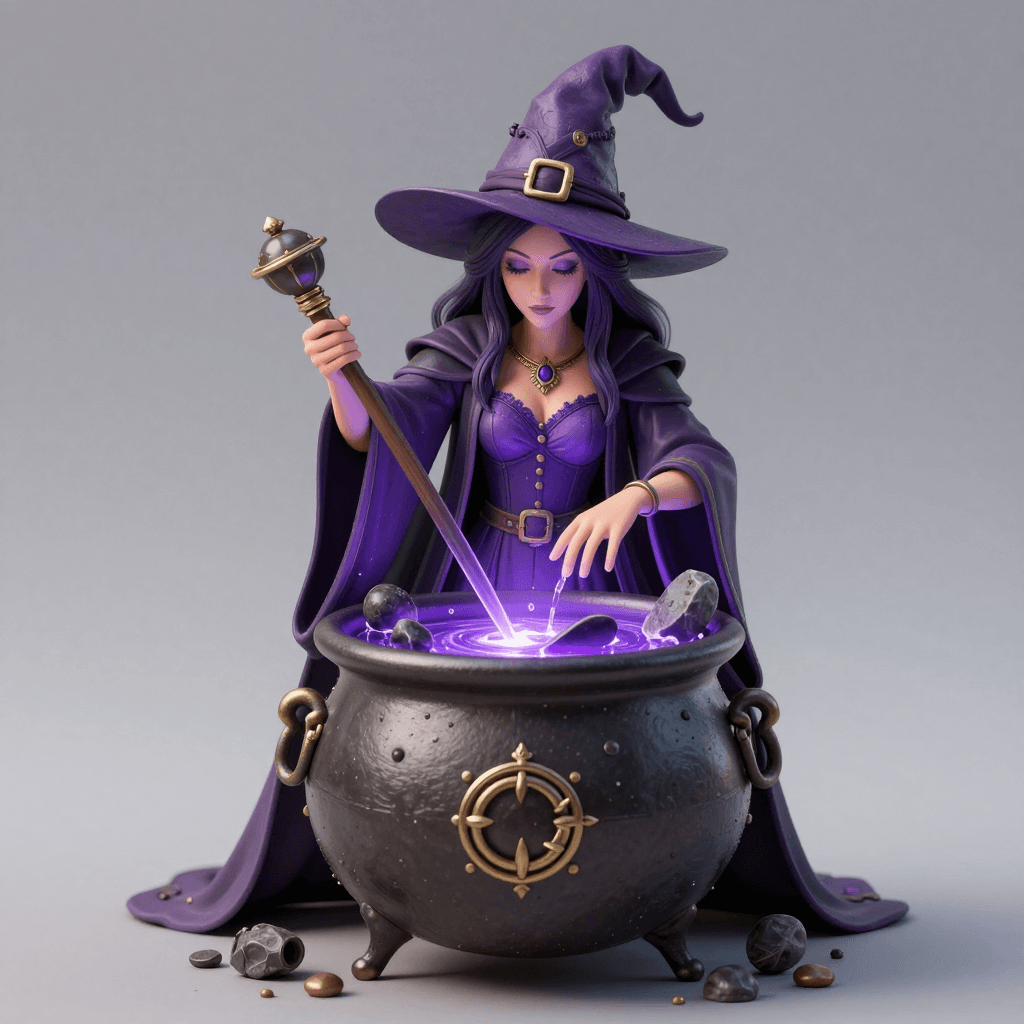 보라색 마법 약이 끓고 있는 마녀의 가마솥