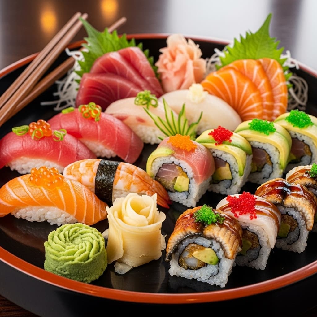 고급스러운 접시에 담긴 형형색색의 초밥 세트