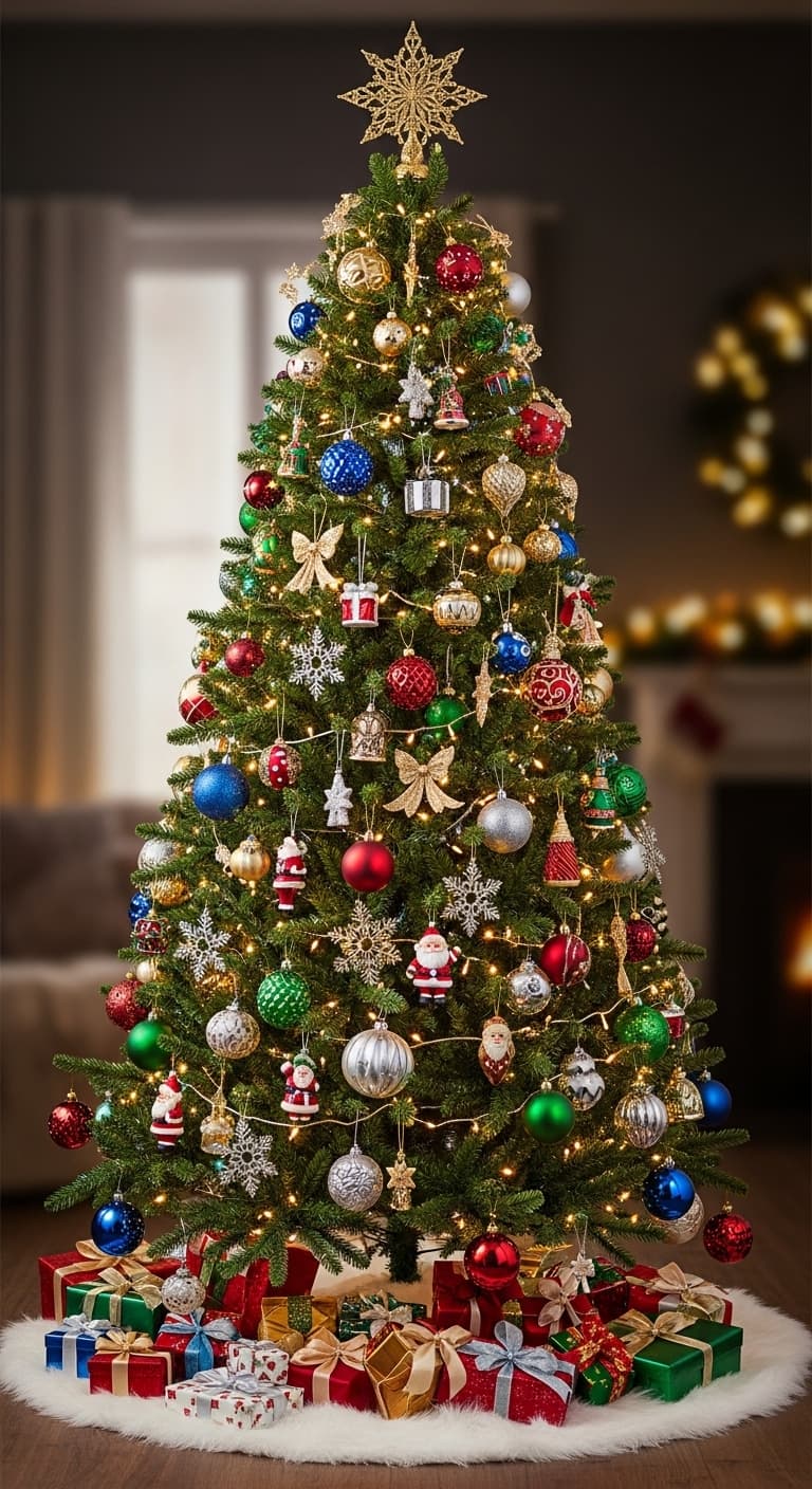 장식볼이 가득 달린 화려한 크리스마스 트리